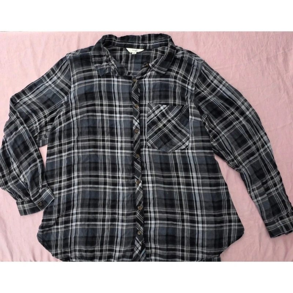 Terra & Sky Black Gray Plaid Button Down Shirt Women 2X 20W-22W